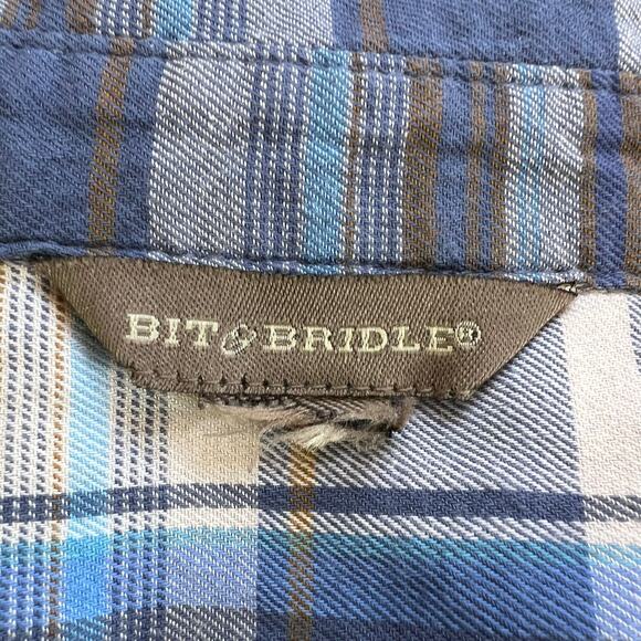 Bit & Bridle Womens Plaid Button Down Shirt Top Long Sleeve Blue Brown Large - Picture 9 of 9